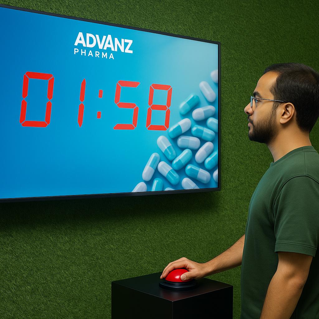 Guests playing Stop the Time interactive stopwatch game at a corporate event booth in Dubai, engaging with branded screen and trying to press the button at the perfect moment